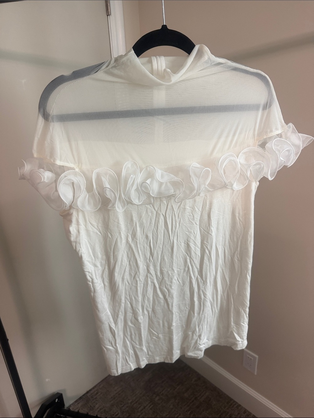Xtaren White Sheer Yoke Ruffle Trim Top